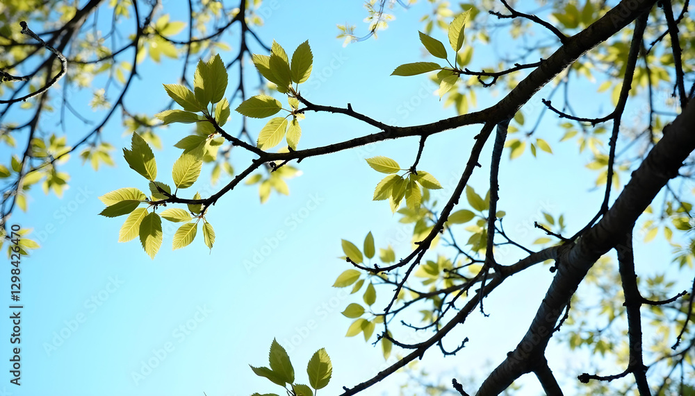 Tree branches with leaves against a blue sky Tree branches with leaves against a blue sky