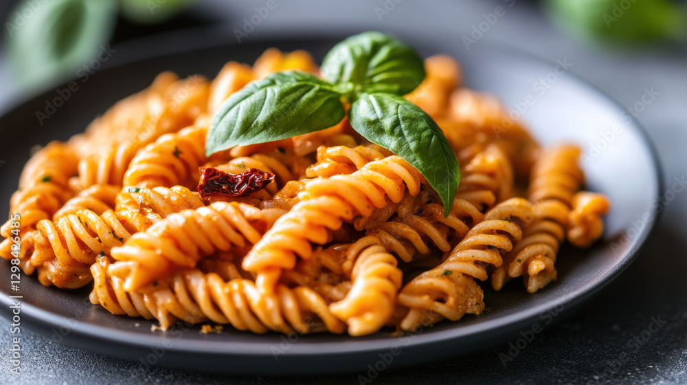 An appetizing plate of fusilli pasta with sun-dried tomato pesto, adorned with fresh basil leaves and a hint of chili flakes, artfully presented against a minimalistic solid background An appetizing plate of fusilli pasta with sun-dried tomato pesto, adorned with fresh basil leaves and a hint of chili flakes, artfully presented against a minimalistic solid background
