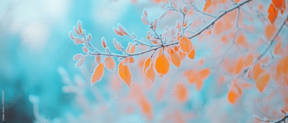 Close-up of a Frosted Branch with Orange Leaves Close-up of a Frosted Branch with Orange Leaves