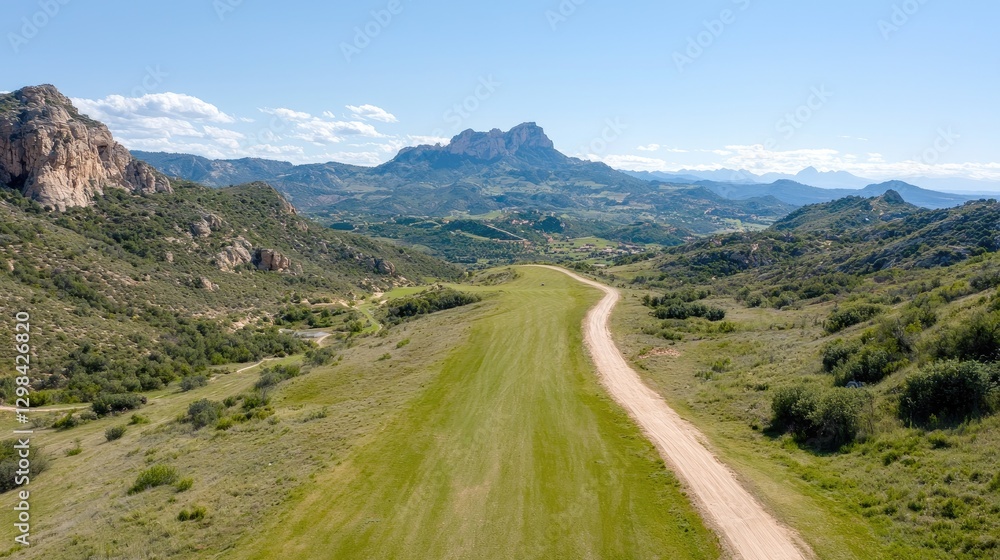 Aerial view of winding road through mountain valley Aerial view of winding road through mountain valley