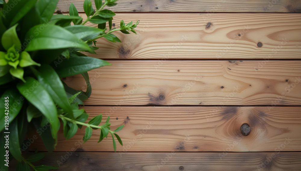A Serene Composition of a Rustic Wooden Table Accented with Lush Green Leaves in the Corner
A Serene Composition of a Rustic Wooden Table Accented with Lush Green Leaves in the Corner