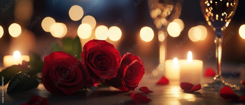 Red Roses and Candlelight on a Table Red Roses and Candlelight on a Table