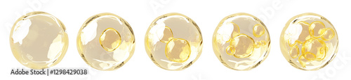 Gold liquid drops of oil or collagen serum isolated 3d render icon set. Yellow fluid cosmetic spheres, vitamin essence or hyaluronic acid bubbles, clear beauty skincare product balls. 3D illustration photo