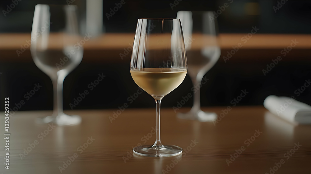 Elegant Wine Glass With White Liquid on Wooden Table in Soft Focus with Additional Glasses and Napkin Elegant Wine Glass With White Liquid on Wooden Table in Soft Focus with Additional Glasses and Napkin