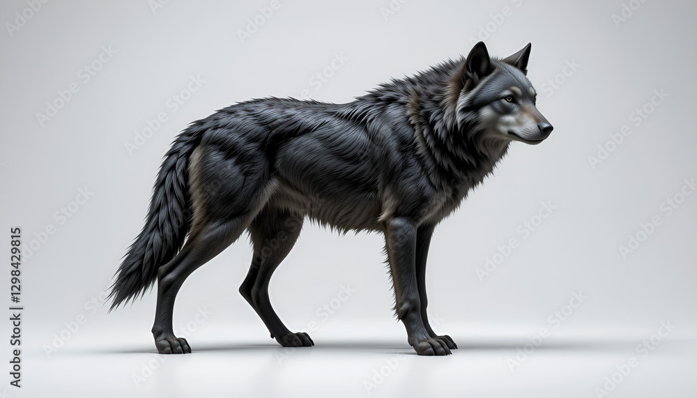 Fototapeta premium A Majestic Grey Wolf Stands Alert, Its Dark Fur Gleaming Under Soft Studio Lighting, A Symbol Of Untamed Wilderness And Primal Strength Isolated on Transparent Background