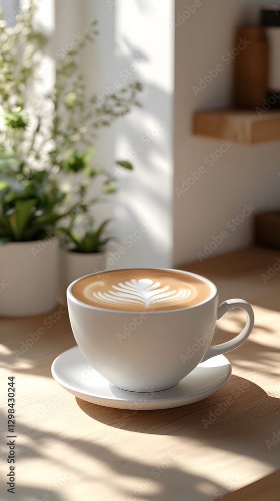 A white ceramic cup of coffee with latte art present A white ceramic cup of coffee with latte art present