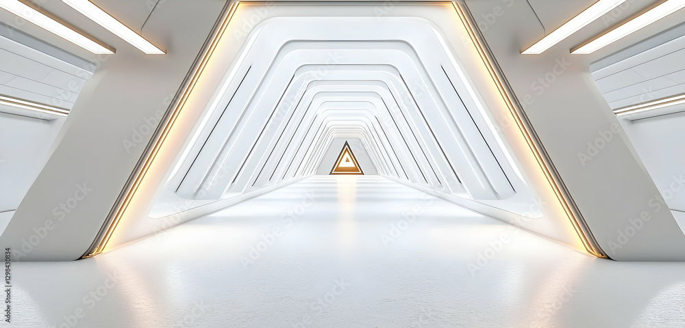 Fototapeta premium Futuristic white corridor depicted in 3D with sci-fi triangle tunnel.