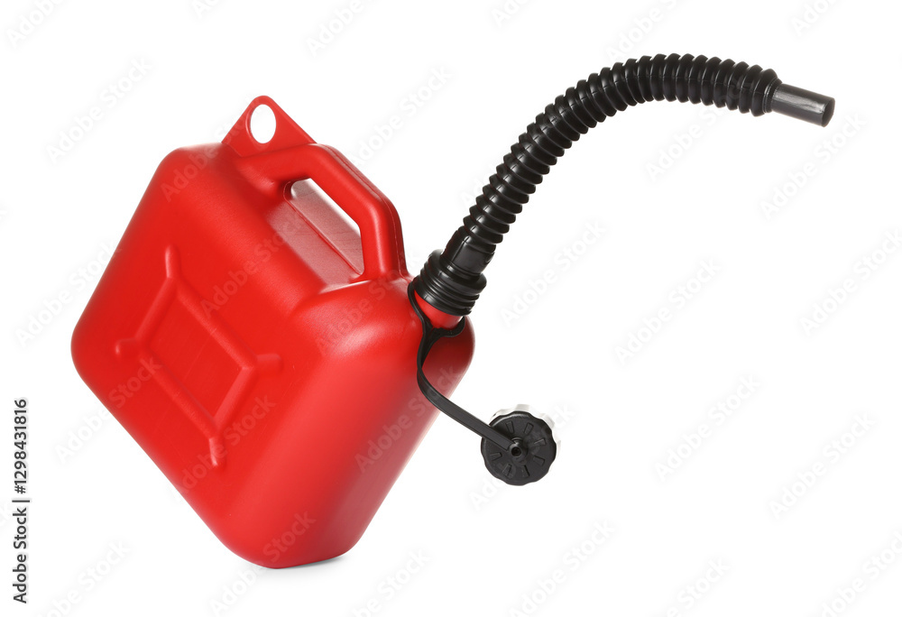 One red plastic canister with spout in air on white background One red plastic canister with spout in air on white background