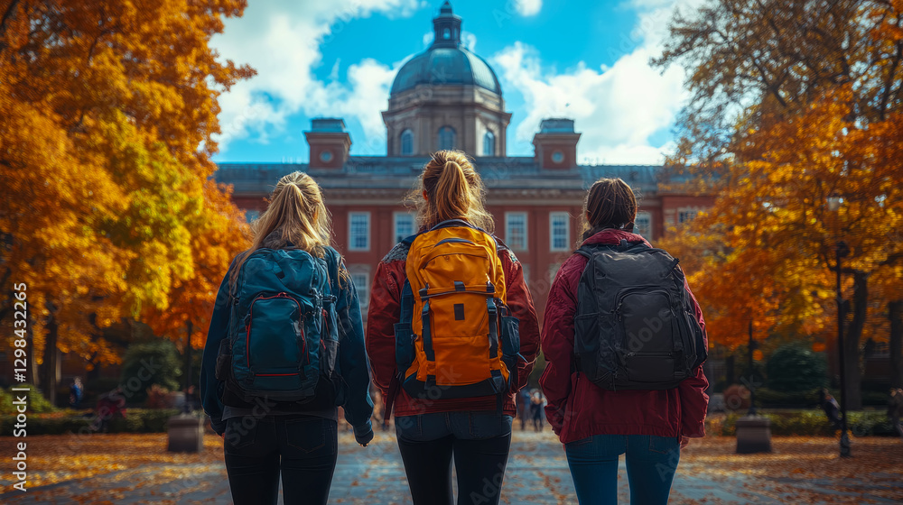 Obraz premium Autumn Journey: Three Friends Explore Historic Campus in Fall