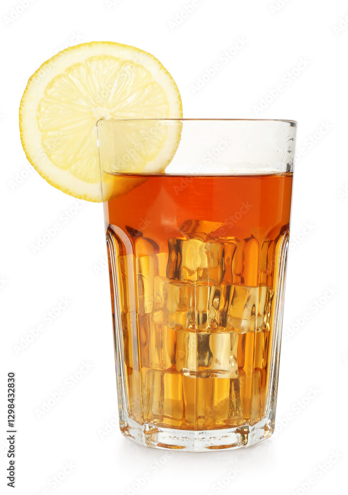 Refreshing tea with ice cubes and slice of lemon isolated on white Refreshing tea with ice cubes and slice of lemon isolated on white
