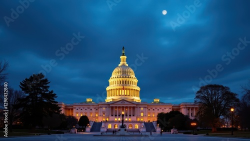 Capitol Building, The U.S. Capitol bathed in warm golden-hour light sharp angles highlight neoclassical detail against blue skies.