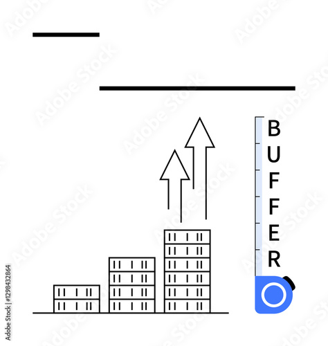 3-level bar chart with rising blocks and upward arrows indicating growth and success. A buffer gauge suggests capacity management. Ideal for business, progress, data, efficiency, capacity, goals