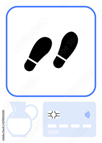 Two black footprints, a water pitcher, and a credit card with a contactless payment signal. Ideal for navigation, movement, payments, hydration, minimalism, design abstract line flat metaphor