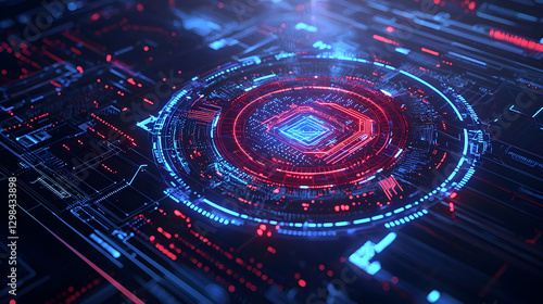 Wallpaper Mural Futuristic Digital Circuit Board in Blue and Red Tones with Geometric Patterns and Light Effects Torontodigital.ca