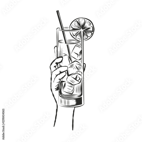 Hand holding Mojito Cocktail glass. Hand drawn Lemonade Glass with Ice cubes and Slice of Lime and Straw. Vector illustration for cocktail card, menu, bar. Black and white monochrome Sketch.