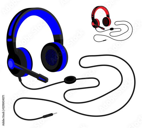 Isometric teenager gamer neon wired headphones headset with microphone for participation in online gaming tournament. Easy editable color. 3D vector isolated on white background