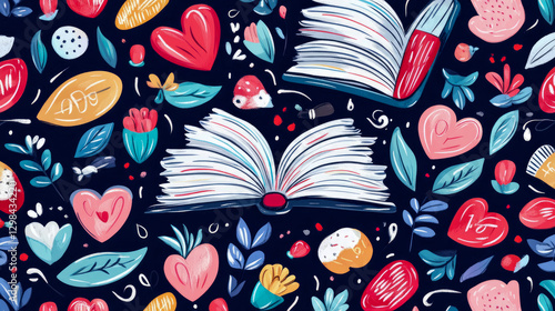 Wallpaper Mural Whimsical Reading: Books & Hearts for a Literary Celebration. Ideal for print, card, or poster conveying the joy of learning and love of reading. Torontodigital.ca