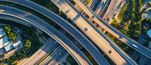 Aerial View of an Urban Freeway Interchange with Vehicles