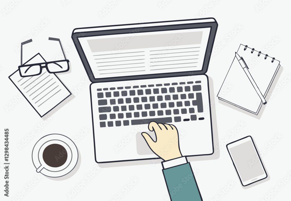 Workplace in office with laptop top view. Vector illustration Workplace in office with laptop top view. Vector illustration