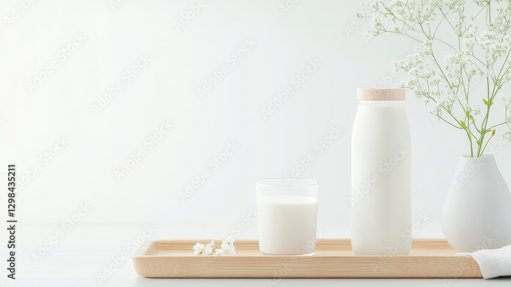 milk bottle with a minimalist design, placed on a wooden tray milk bottle with a minimalist design, placed on a wooden tray