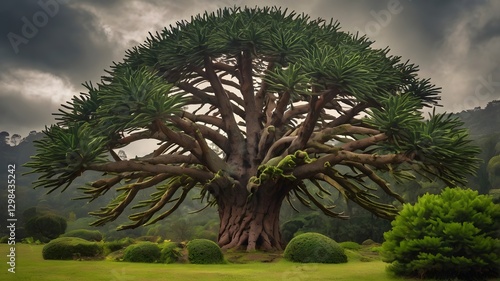 Elegant Monkey Puzzle Tree Against a Backdrop of Rich Green Foliage