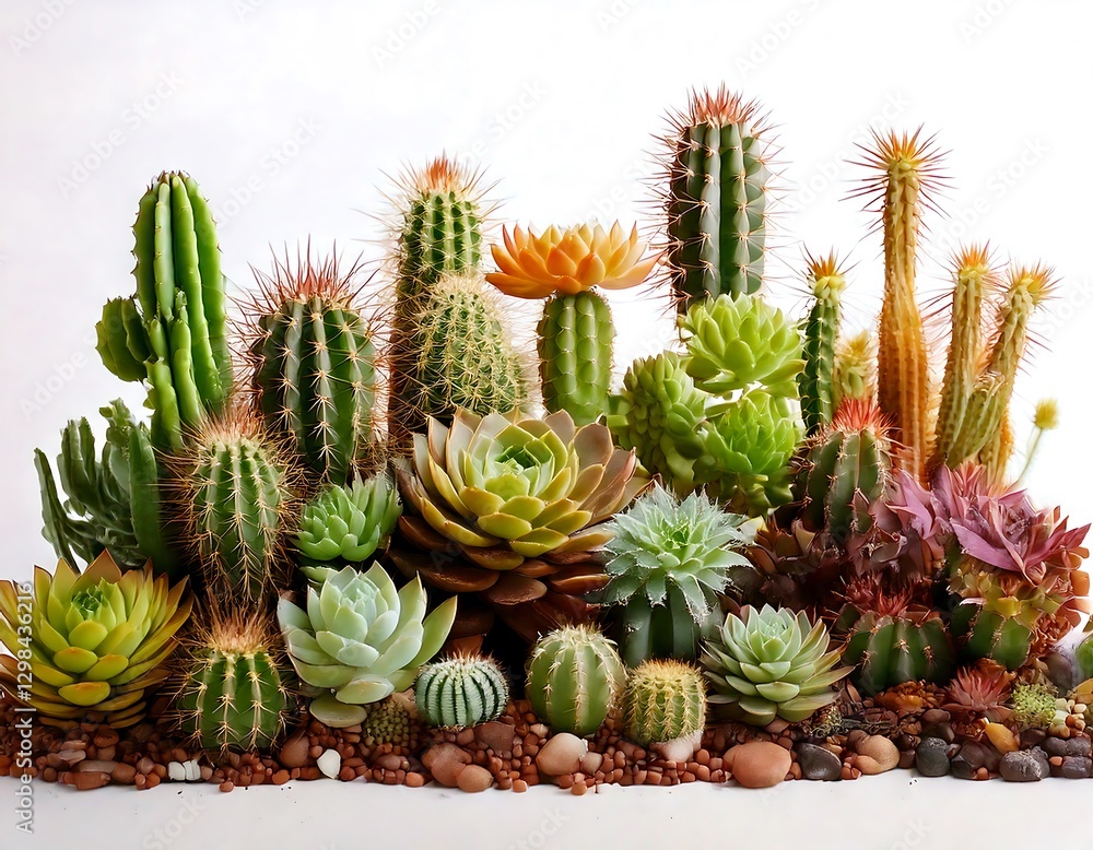 Vibrant succulent and cactus arrangement. A stunning display of diverse textures and colors, perfect for home decor, botanical illustrations, or articles on gardening. Vibrant succulent and cactus arrangement. A stunning display of diverse textures and colors, perfect for home decor, botanical illustrations, or articles on gardening.