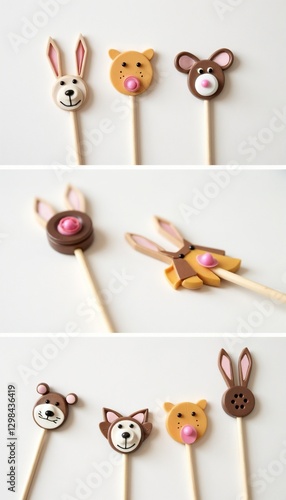 Colorful handmade button animal puppets for creative children’s crafts on a light background