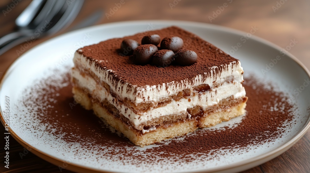 Delicious, layered tiramisu dessert with cocoa and coffee flavors on a plate. Delicious, layered tiramisu dessert with cocoa and coffee flavors on a plate.