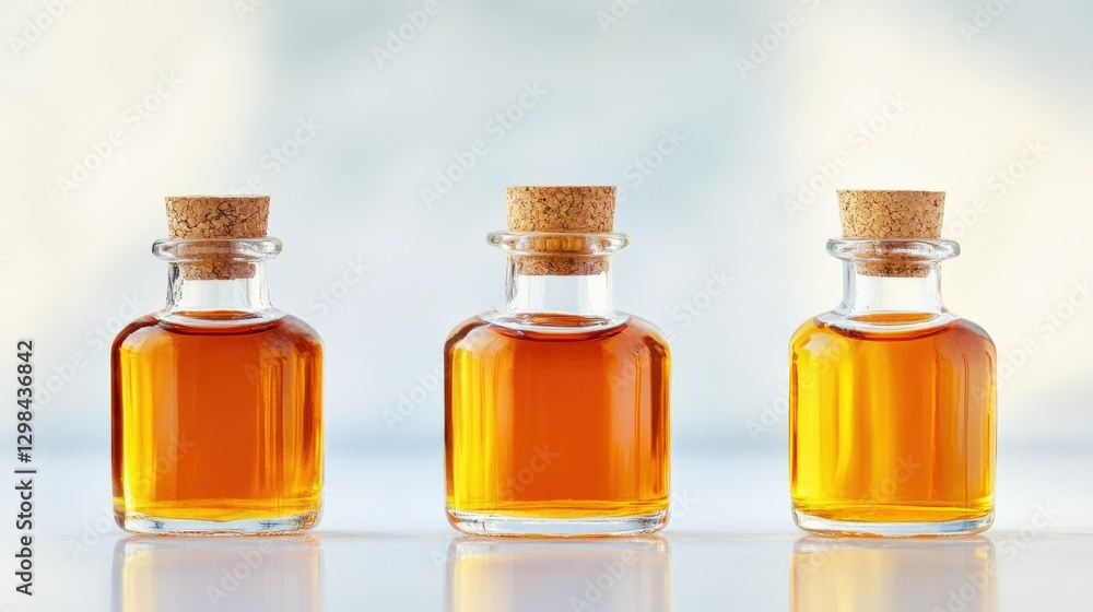 three bottles of amber liquid on a white surface three bottles of amber liquid on a white surface
