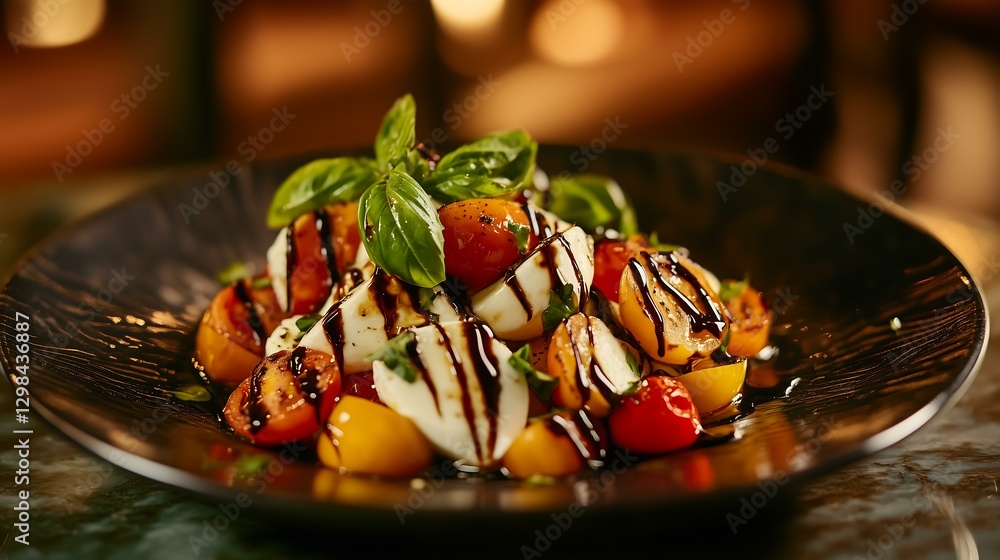 Delicious caprese salad with fresh tomatoes and mozzarella drizzled with balsamic glaze. Delicious caprese salad with fresh tomatoes and mozzarella drizzled with balsamic glaze.