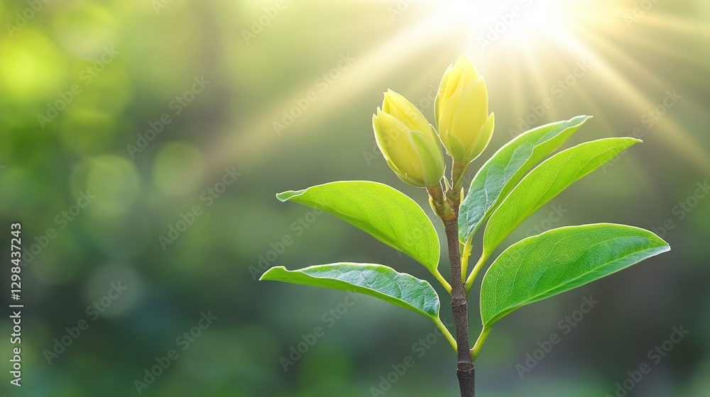 Obraz premium New Life, Green Leaves Unfolding on a Twig, Illuminated by Natural Light, Spring Background
