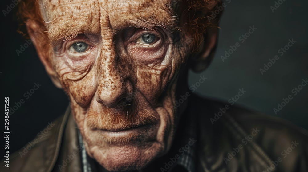Close-up portrait of an elderly man with deep wrinkles and expressive eyes, highlighting the beauty of aging in a dimly lit setting Close-up portrait of an elderly man with deep wrinkles and expressive eyes, highlighting the beauty of aging in a dimly lit setting