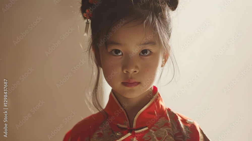 Young girl in traditional attire gazes confidently at the camera, soft lighting enhances her serene expression Young girl in traditional attire gazes confidently at the camera, soft lighting enhances her serene expression