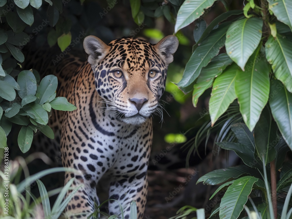 Naklejka premium A majestic jaguar peering through lush greenery, showcasing its striking coat and intense gaze.