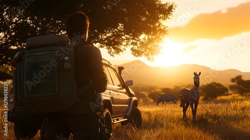 Sunset Safari Scene in African Savanna with Zebra and Adventurer