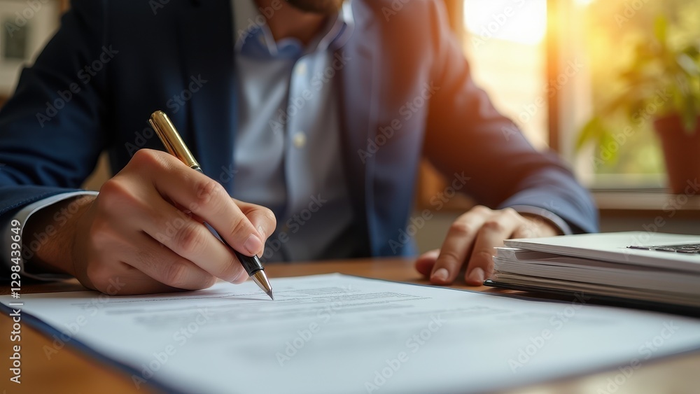 Declaration of Income, Golden sunlight bathes an office as a man signs income papers on an oak desk exuding professionalism and style. Declaration of Income, Golden sunlight bathes an office as a man signs income papers on an oak desk exuding professionalism and style.
