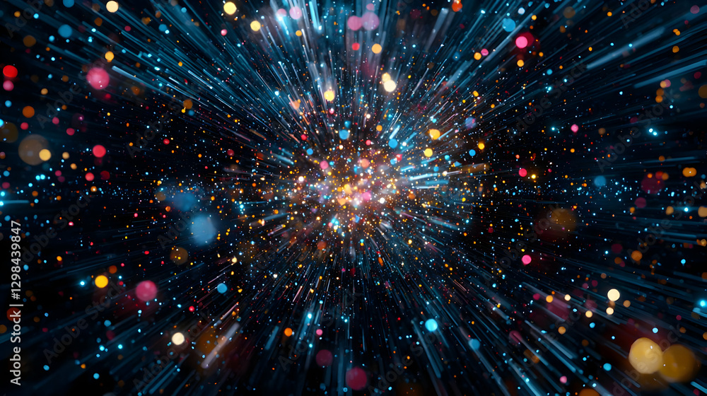 Obraz premium Abstract Digital Light Burst With Blue Orange And Red Particles On Black Backdrop
