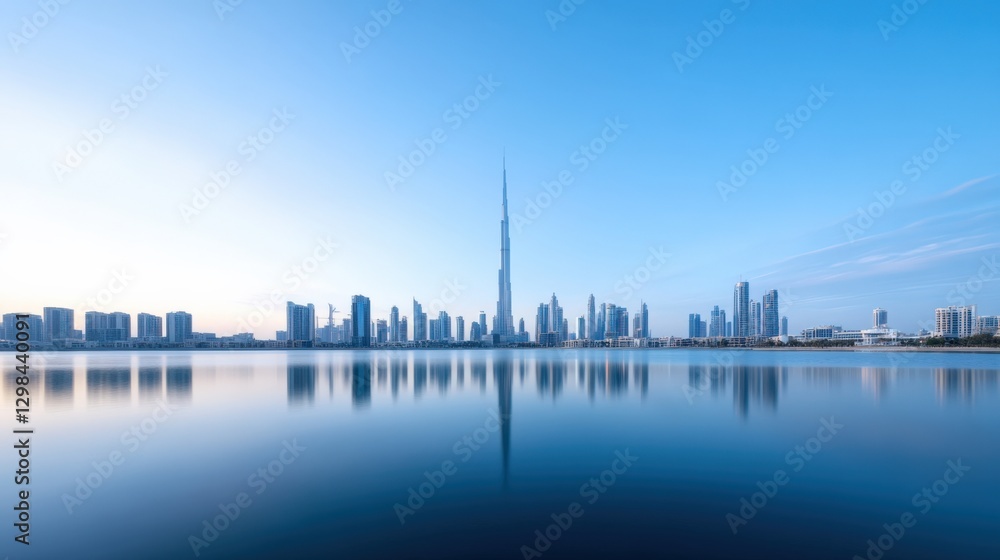 Fototapeta premium City skyline reflected in water at dawn