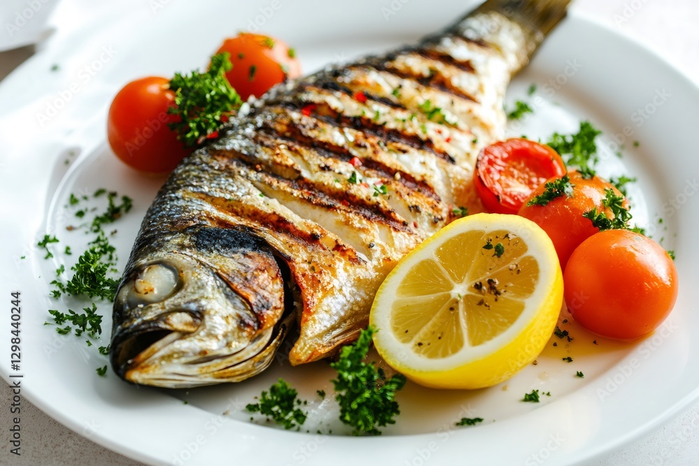 Grilled Fish Delight: A beautifully grilled fish, presented on a pristine plate with fresh tomatoes, a lemon wedge, and vibrant parsley, a culinary masterpiece. Grilled Fish Delight: A beautifully grilled fish, presented on a pristine plate with fresh tomatoes, a lemon wedge, and vibrant parsley, a culinary masterpiece.