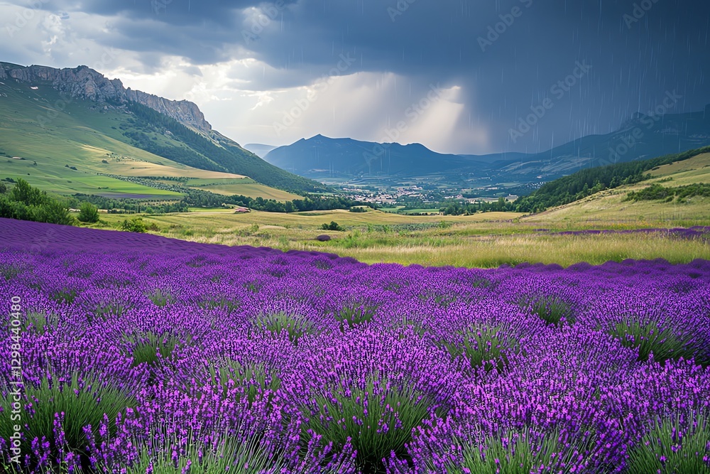 Lavender Field Blooming in Valley with Approaching Storm and Rain Lavender Field Blooming in Valley with Approaching Storm and Rain