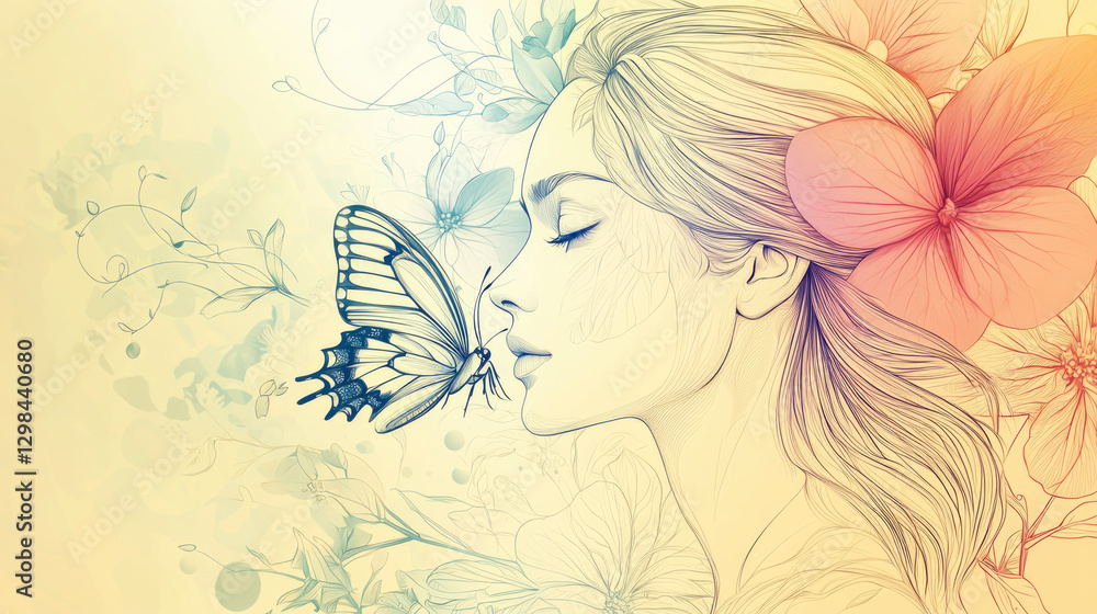 A graceful woman with a serene expression interacts with a delicate butterfly near her nose. Floral elements in soft colors enhance the ethereal quality of the moment A graceful woman with a serene expression interacts with a delicate butterfly near her nose. Floral elements in soft colors enhance the ethereal quality of the moment