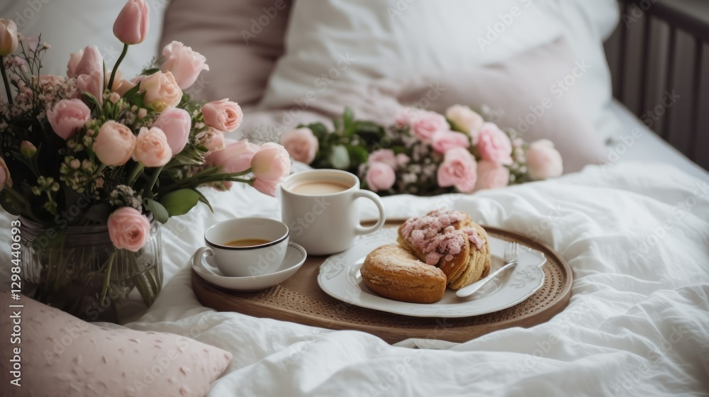 Romantic breakfast in bed with flowers Romantic breakfast in bed with flowers