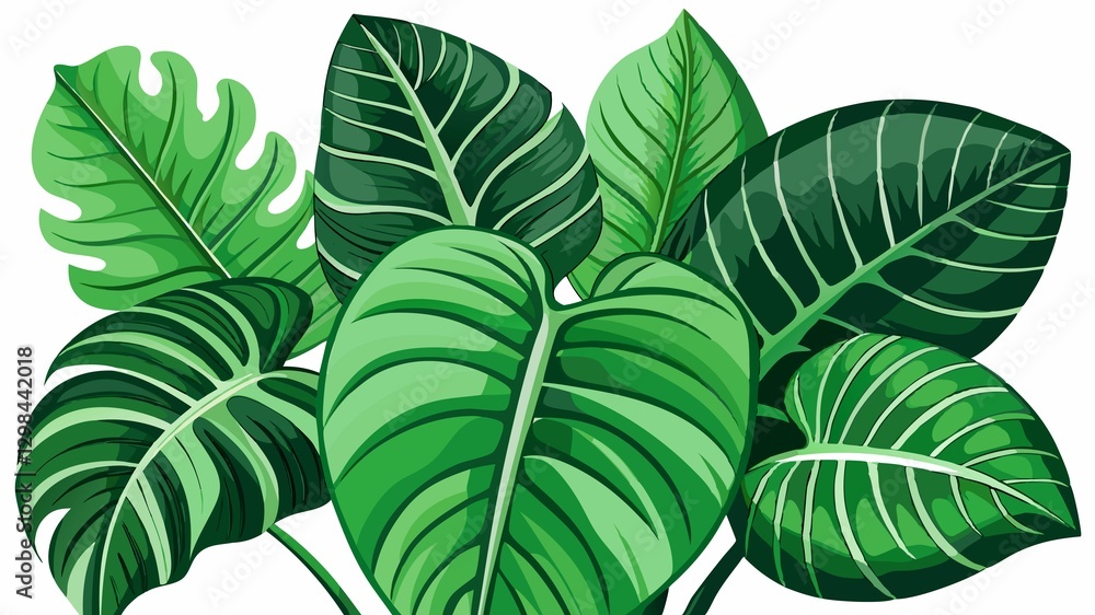 A detailed close-up of rainforest leaves against a white background highlights the intricate details of their veins, textures, and the subtle variations in their shades of green, creating a high-qual A detailed close-up of rainforest leaves against a white background highlights the intricate details of their veins, textures, and the subtle variations in their shades of green, creating a high-qual