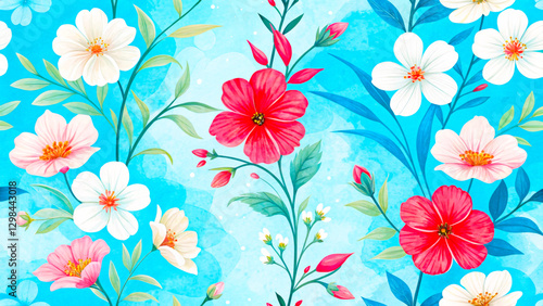 Wallpaper Mural Composition includes various flowers, buds and leaves Illustration with detailed, white, red spring flowers on blue background in botanical style. Torontodigital.ca