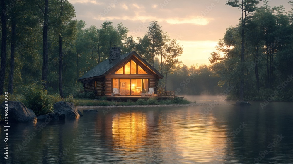 Fototapeta premium Cozy wooden cabin reflecting on calm lake at sunset