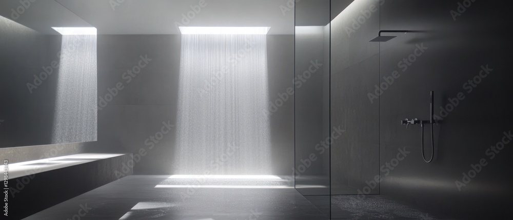 Obraz premium Modern Minimalist Bathroom with Rain Shower and Glass Partition