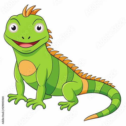 Cartoon iguana smiling cheerfully against a white background