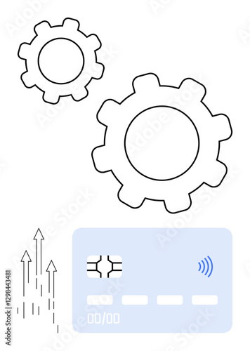 Gears symbolize process automation, a chip card for secure payments, and arrows for growth trends. Ideal for fintech, technology, automation, business strategy, innovation, finance abstract line