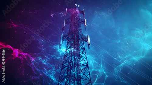 A blue digital background with the silhouette of an array tower surrounded by vibrant energy waves and futuristic symbols
