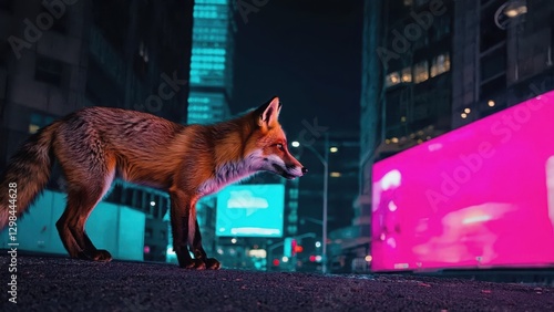 Majestic Fox Observed in a Vibrant Neon-Lit Urban Nightscape photo